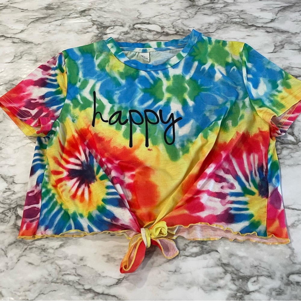 Shein Cropped Rainbow Tie Dye Happy Tie Knot Women’s Size Large Ruffled Crop Top